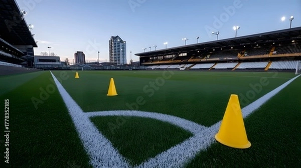 Obraz Green soccer field corner with yellow training cones and empty stadium seats under a clear sky
