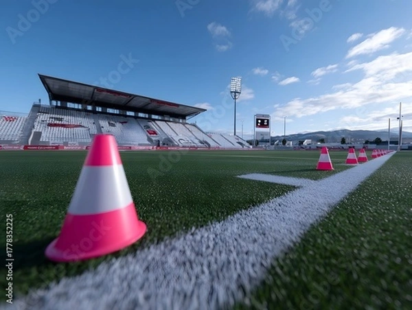 Obraz Orange and white sports cones are lined up on a green turf field in front of an empty stadium under a clear blue sky