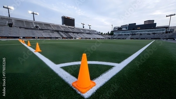 Obraz An empty soccer stadium is prepared for practice with orange cones marking the field s corner