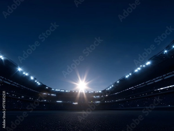 Obraz Illuminated stadium at night with bright spotlights against a dark blue sky