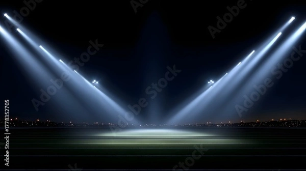 Obraz Empty football stadium at night illuminated by powerful spotlights casting dramatic beams of light onto the field with a distant city skyline