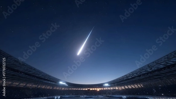 Obraz A brilliant meteor streaks across the vast star filled night sky observed from a grand empty sports stadium with illuminated architecture below