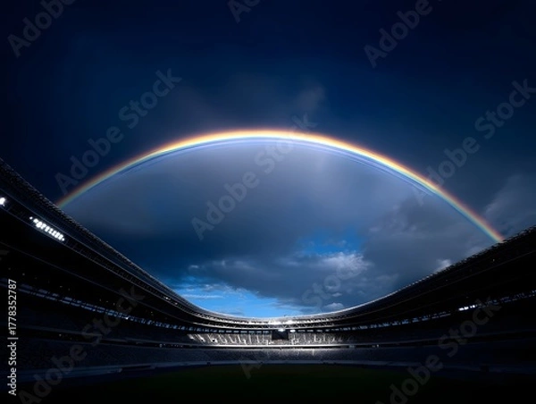 Obraz A dramatic rainbow arches over an empty stadium after a rain shower with floodlights illuminating the scene