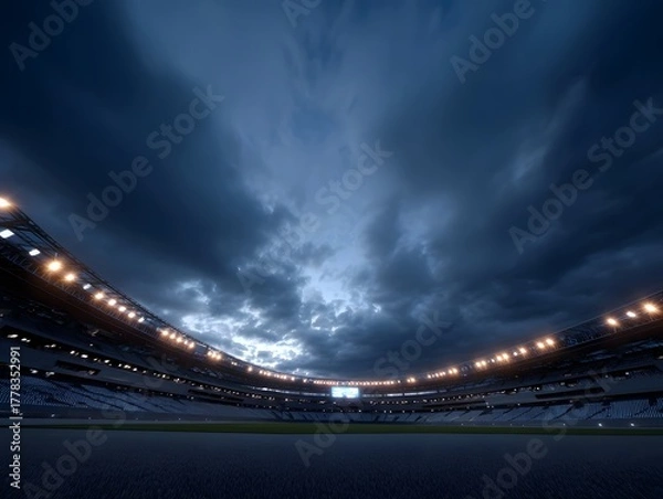 Obraz Dramatic stadium at dusk with moody clouds and glowing lights empty seats under a dark sky