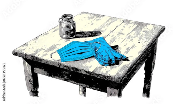 Fototapeta A wooden table with gloves and a mask, symbolizing health and safety measures.