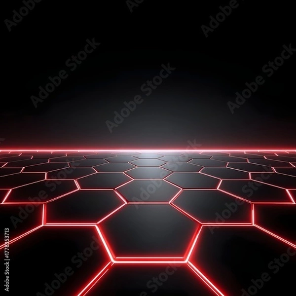 Obraz Dark futuristic floor with red neon glowing hexagonal grid pattern towards horizon