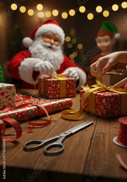 Fototapeta Santa Claus helping elves wrap presents at a large wooden table, close-up on ribbons, scissors, wrapping paper patterns, warm twinkling lights above, high-resolution textures, festive mood - 1