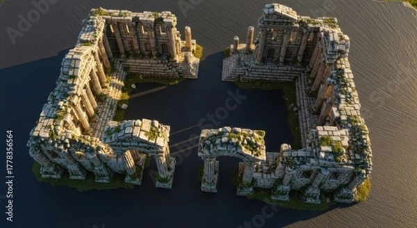 Obraz Ancient Ruins of a Large Square Stone Structure Surrounded by Water in Aerial View