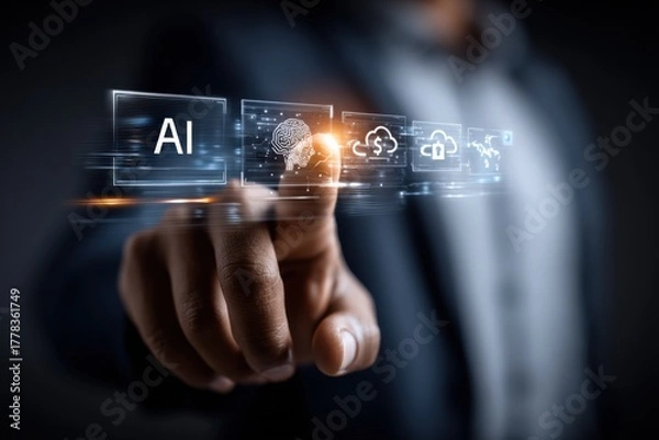 Fototapeta Artificial Intelligence Technology Concept: Man Interacting with AI Interface, Representing Data Analysis and Cloud Computing