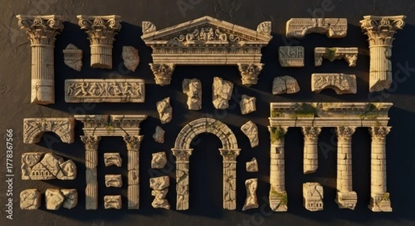 Obraz Ancient Architectural Fragments and Columns in Vintage Style with Stone Ruins on Dark Background
