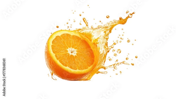 Fototapeta Orange slice splashing juice in bright colors, AI, PNG