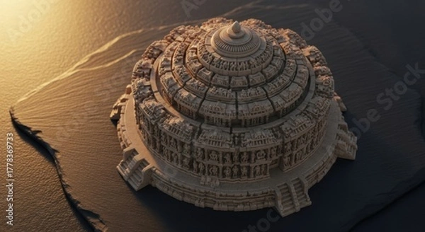 Obraz Ancient Circular Temple Model on Deserted Landscape with Warm Sunset Lighting