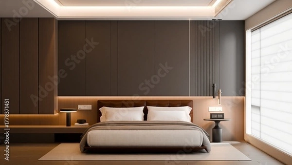 Fototapeta Modern Minimalist Bedroom Interior with Frame Poster Mockup - 3d Render
