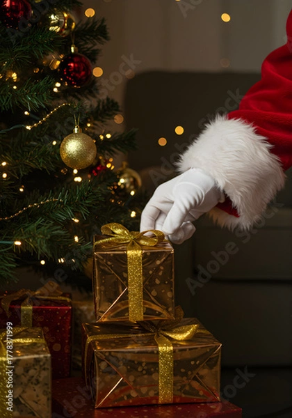 Fototapeta Santa Claus carefully placing a wrapped gift under a decorated Christmas tree, close-up on his gloved hand
