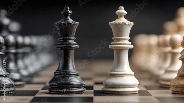 Fototapeta Two opposing chess queens face each other. Rivalry, contrast, and opposition, tension, duality, and the concept of versus in competition 