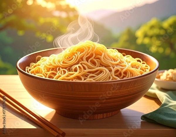 Obraz Steaming noodles in a wooden bowl