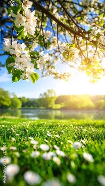 Fototapeta Sunlit meadow with white blossoms, lake, blue sky