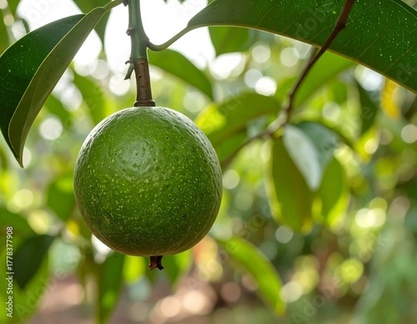 Obraz Unripe green fruit on a leafy branch