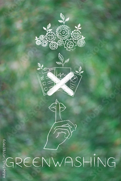 Fototapeta greenwashing illustration with shush hand documents and green gearwheel mechanism