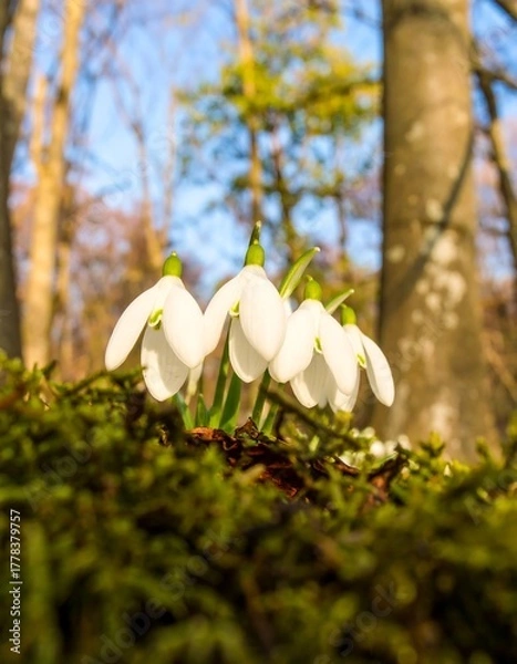 Obraz White snowdrops on mossy ground in a sunlit forest