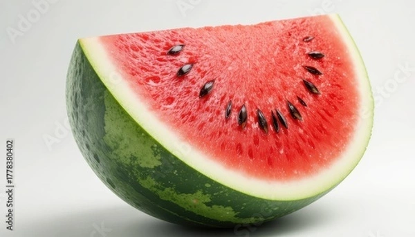 Fototapeta Fresh red watermelon slice showing seeds and white rind against a plain background