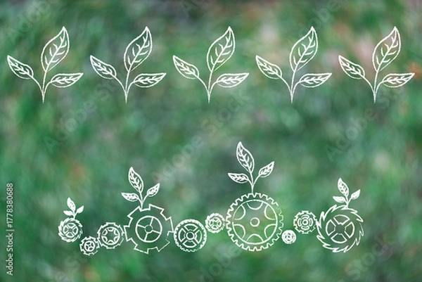Obraz green economy illustration with leaves and gearwheel mechanism on greenery background