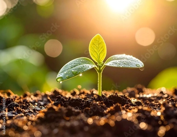 Obraz Young plant with water drops in morning light
