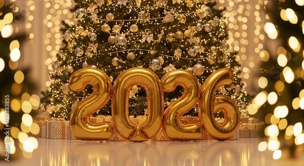Fototapeta Golden Number Balloons Forming 2026 in Front of a Decorated Christmas Tree with Bokeh Lights
