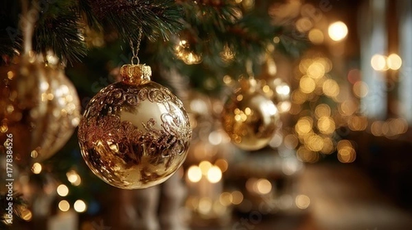 Obraz A close up of golden ornaments hanging from a fir branch with reflections of twinkling lights creating a luxurious and elegant Christmas atmosphere