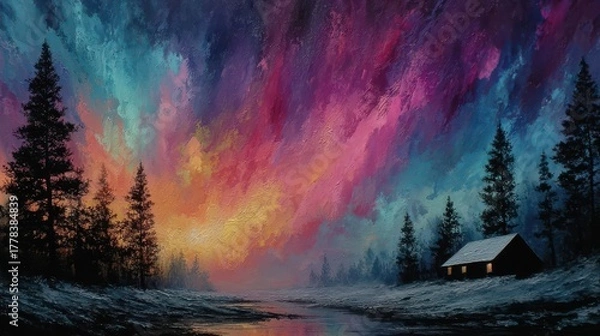 Obraz A night sky filled with aurora colors above a snow covered cabin framed by pine trees representing the Northern Lights of Christmas in breathtaking realism