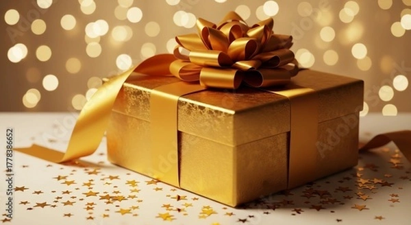 Fototapeta Luxurious golden gift box tied with a wide satin ribbon and decorated with a large bow surrounded by glittering confetti and bokeh lights