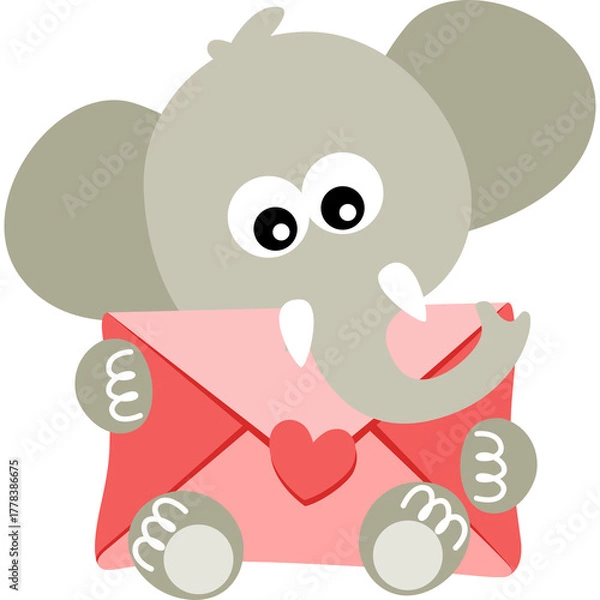 Fototapeta Cute cartoon elephant holding pink love letter envelope with heart detail in pastel colors on transparent background