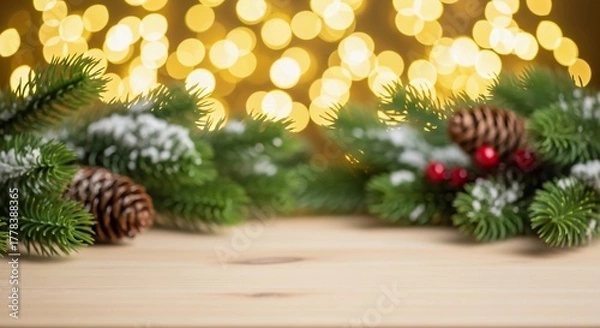 Fototapeta Festive Holiday Season Background with Pine Branches and Bokeh Lights
