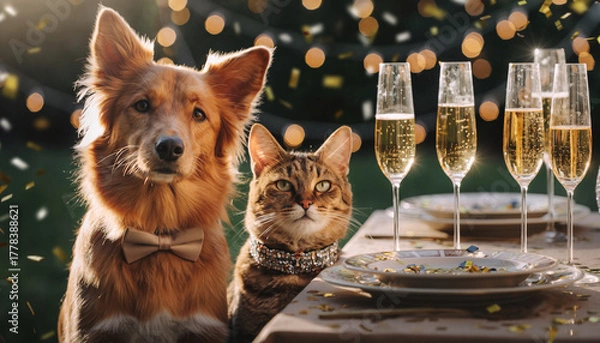 Fototapeta Close-up of a dog wearing a bow tie and a cat in a glittery collar sitting by a festive dinner table with champagne glasses (non-alcoholic pet version), confetti in the air, golden tones, and bokeh 