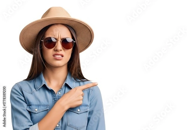 Fototapeta Displeased young woman in a stylish fedora hat and sunglasses pointing her finger to the side with an expression of disgust and disapproval, isolated on a white background