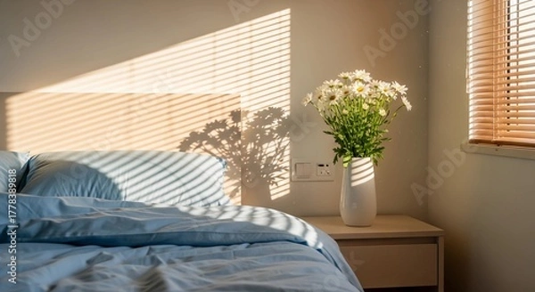 Obraz Serene Bedroom Morning Light Dappled Through Blinds and Flowers on Nightstand
