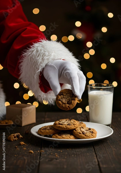 Obraz Close-up of Santa’s gloved hand reaching for a plate of chocolate chip cookies and a glass of milk on a table, cookie crumbs visible, soft warm lights, shallow depth of field - 1