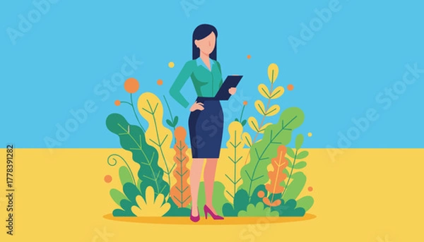 Fototapeta Confident businesswoman with clipboard surrounded by vibrant nature symbolizing business growth and environment