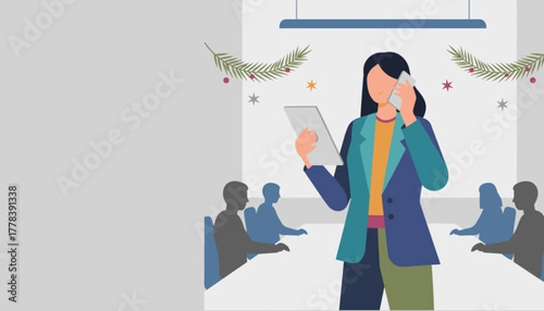 Fototapeta Professional woman multitasking with phone and tablet in a corporate meeting room decorated for Christmas
