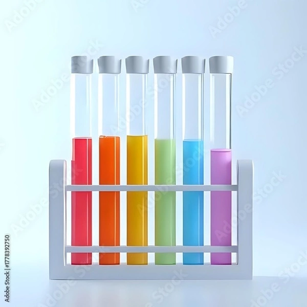 Obraz Colorful liquids in test tubes arranged in a rack for science experiments and research