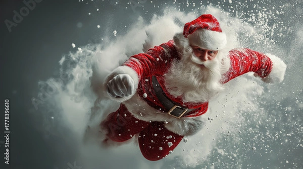 Obraz Santa Claus is Flying Through Snowy Clouds for Christmas Cheer