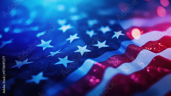 Fototapeta Stars and Stripes Under Colorful Lights at Night