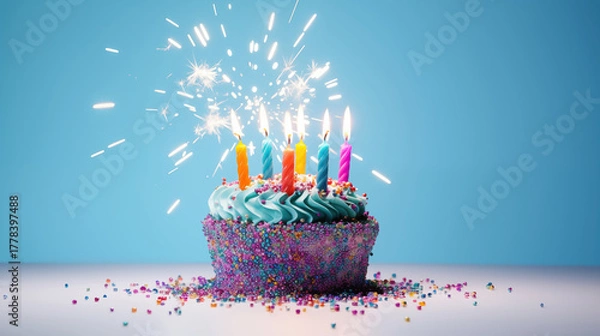 Fototapeta Colorful Birthday Cake With Sparklers and Candles Lit