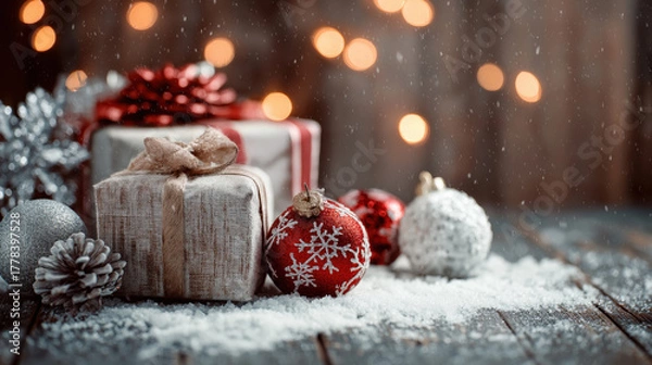 Fototapeta Festive Gifts and Ornaments Create a Cozy Holiday Scene