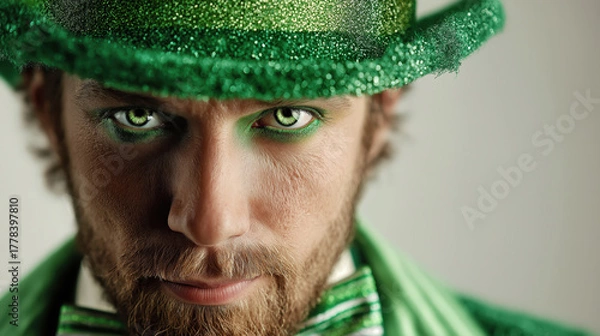 Obraz Man in Green Costume With Intense Gaze and Striking Makeup