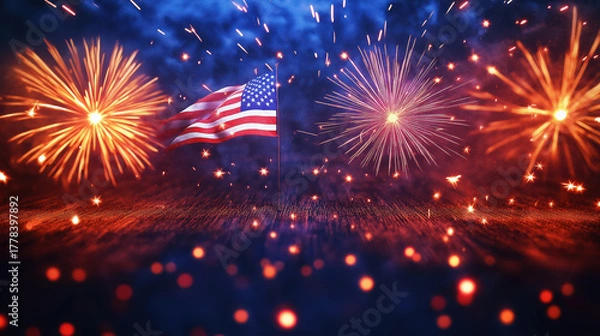 Fototapeta Fireworks Display With American Flag Celebrating Freedom