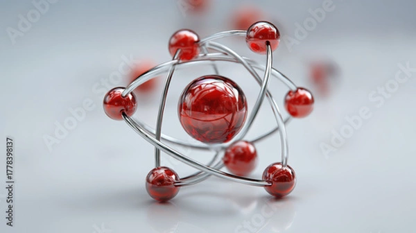 Fototapeta Model of an Atom With Red and Silver Spheres on a White Surface