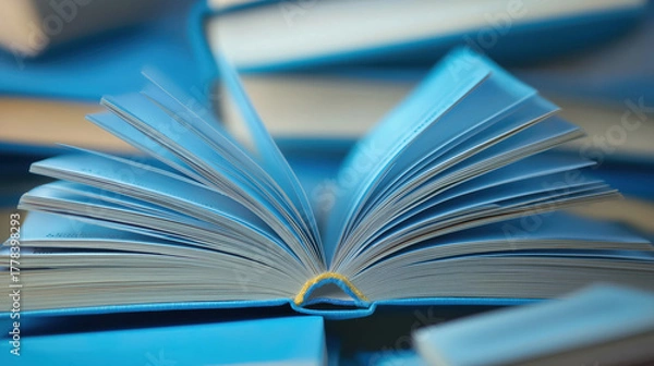 Obraz Blue Book Open on a Pile of Books in a Cozy Reading Space
