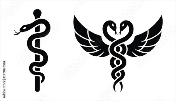 Obraz Black Caduceus and Asclepius symbols with snakes and wings on white background medical health