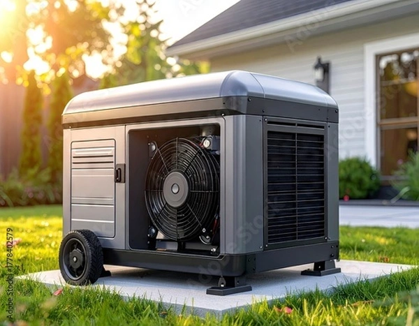 Obraz Home Backup Generator on Concrete Pad in Yard.